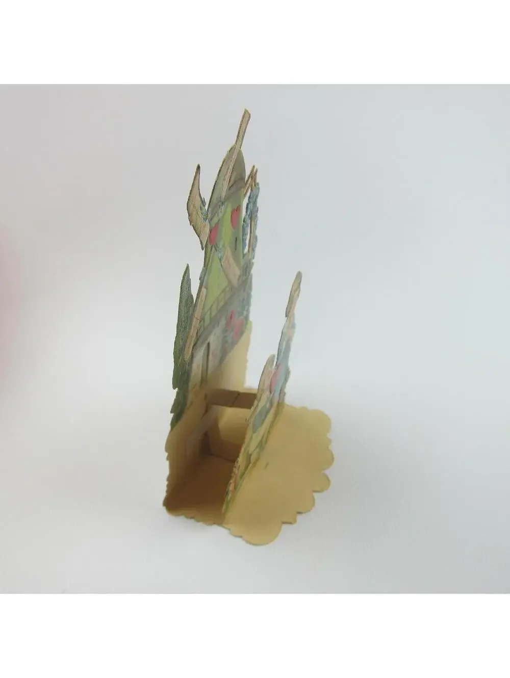 Vintage Valentine 3D Pop Up Die Cut Blonde Boy & Girl Blue Dress Green Windmill